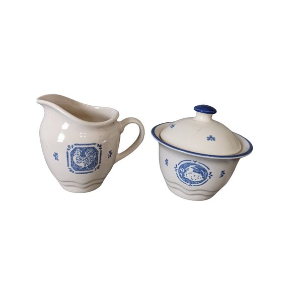 Maison Blue by PFALTZGRAFF cream and covered sugar bowl set blue white Rooster - Picture 4 of 11